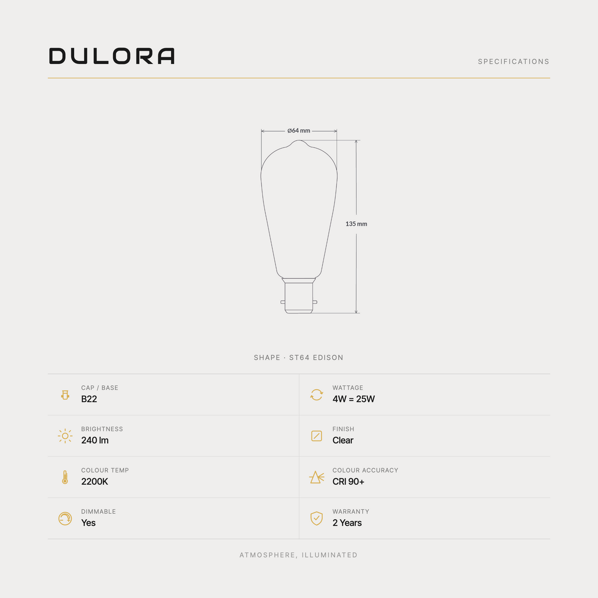 Dulora 4W ST64 Spiral Edison LED bulb B22 specifications: 240 lumens, 2200K clear, CRI 90+, dimmable, 2-year warranty