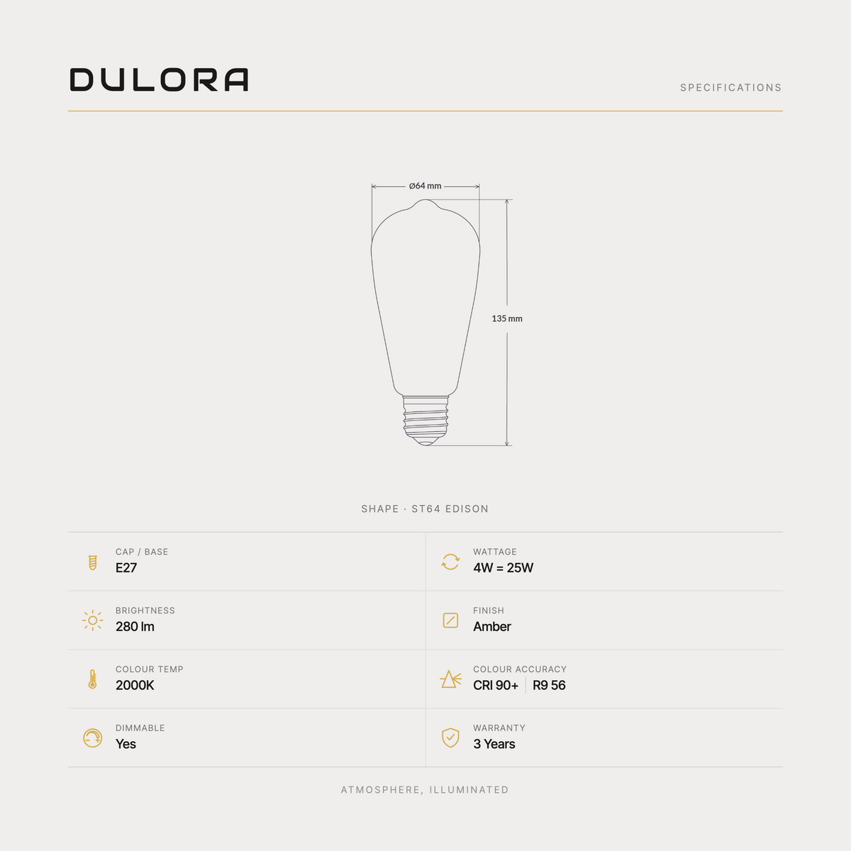 Dulora 4W ST64 Vintage squirrel-cage Edison LED bulb E27 specifications: 280 lumens, 2000K amber, CRI 90+ R9 56, dimmable, 3-year warranty