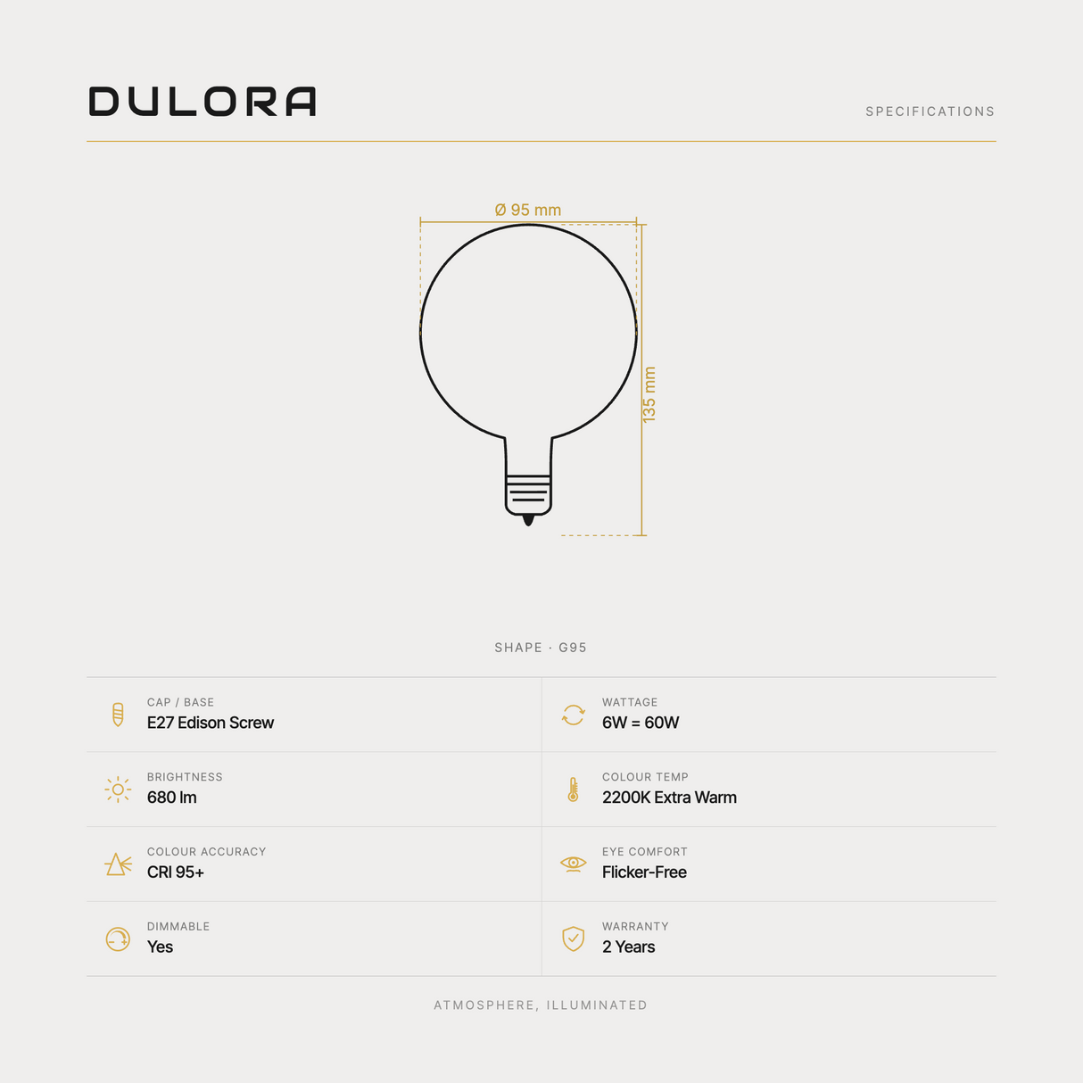 Dulora 6W G95 LED Globe E27 Clear Extra Warm specifications: E27 Edison Screw, 6W = 60W, 680 lumens, 2200K Extra Warm, CRI 95+, flicker-free, dimmable, 2 year warranty.