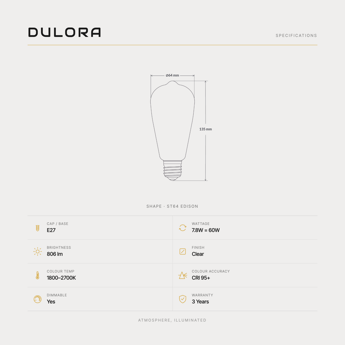 Dulora Sunset Dim Edison ST64 LED bulb E27 specifications: 806 lumens, 1800-2700K dim-to-warm, CRI 95+, dimmable, 3-year warranty