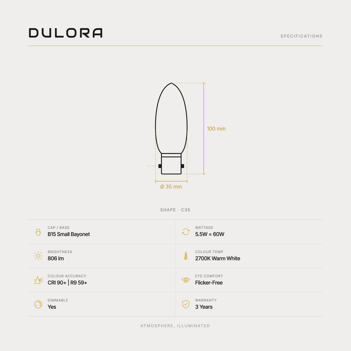 Dulora 5.5W C35 candle LED bulb B15 clear specifications: 806 lm, 2700K warm white, CRI 90+ | R9 59+, dimmable, flicker-free, 3 year warranty, 100mm by 35mm
