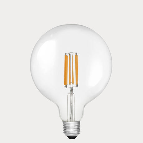Dulora 11W E27 LED globe bulb in clear glass, shown unlit.