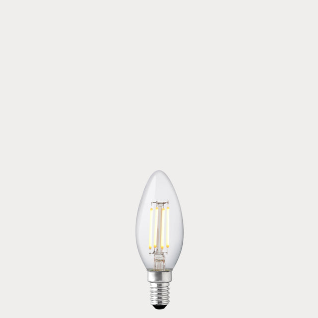 Dulora 4W 12-24 Volt AC/DC Candle LED Bulb E14 Clear in Warm White illuminated with warm glow through clear candle glass