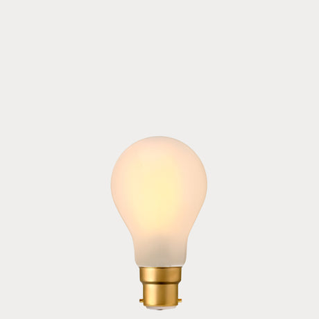 Dulora 6.5W GLS LED Bulb B22 Frost in Warm White emitting soft diffused light through frosted A60 glass