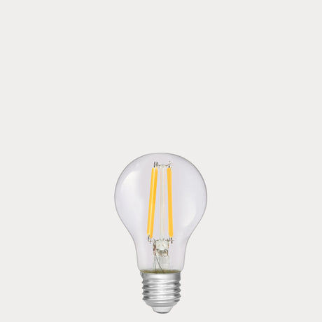 Dulora 6.5W GLS LED Bulb E27 Clear in Soft White with filaments visible through clear A60 glass