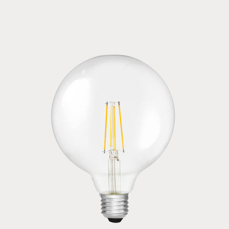 Dulora 7W E27 LED globe bulb in clear glass, shown unlit.