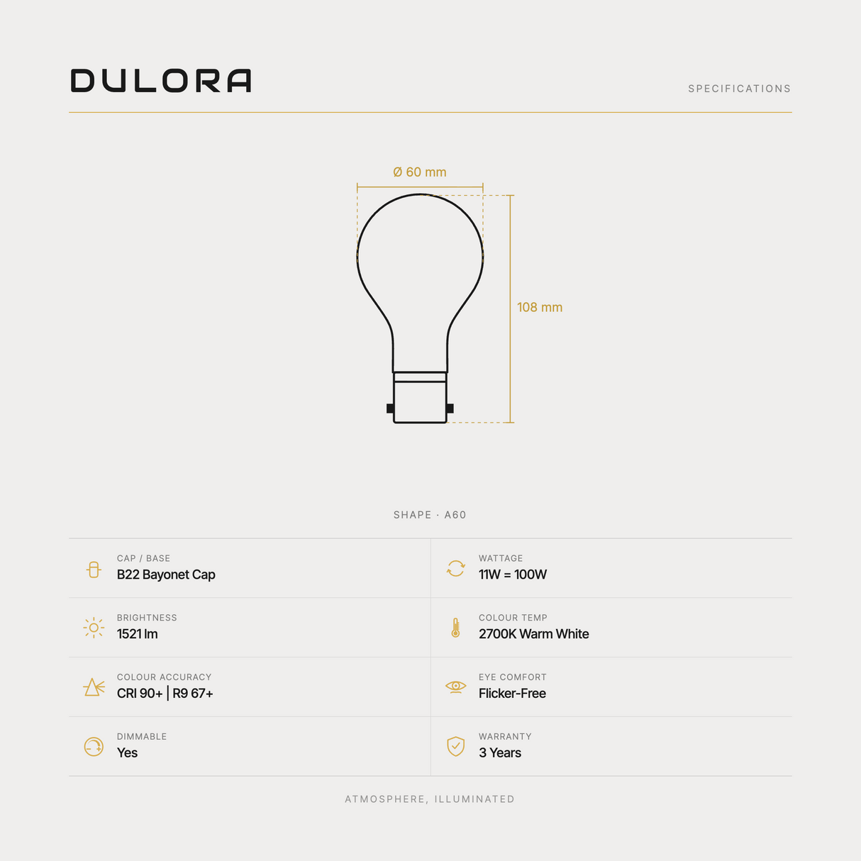 Dulora 11W A60 GLS LED bulb B22 frost warm white specifications: 1521 lm, 2700K warm white, CRI 90+ and R9 67+, dimmable, flicker-free, 3 year warranty, 108mm by 60mm
