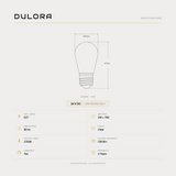Dulora 2W 24 Volt DC S14 Shatterproof LED Bulb E27 specifications: S14 shape, 90 lumens, 2700K, CRI 80+, E27, 24V DC low-voltage, dimmable, 2-year warranty