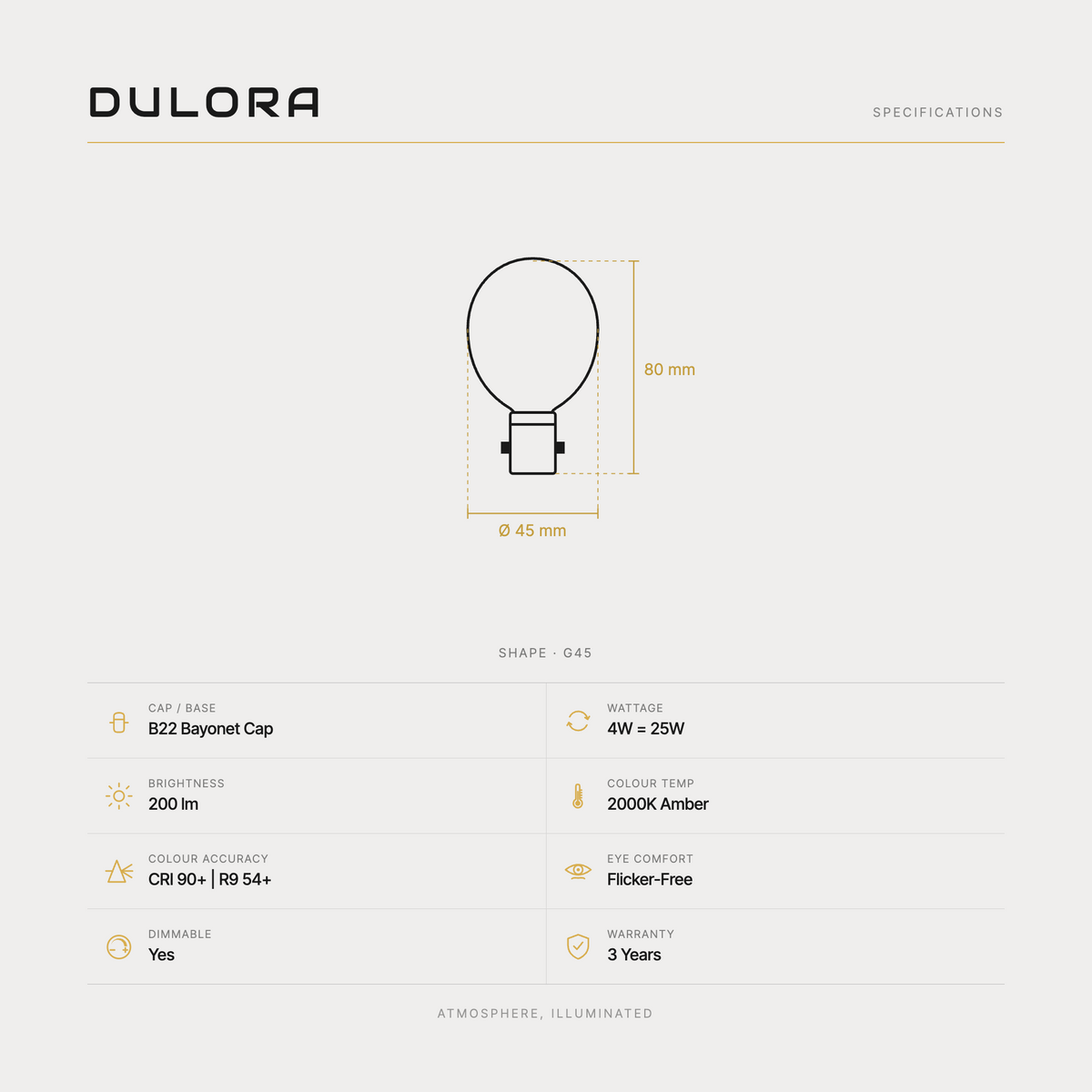 Dulora 4W G45 vintage fancy round LED bulb B22 amber specifications: 200 lm, 2000K amber, CRI 90+ and R9 54+, dimmable, flicker-free, 3 year warranty, 80mm by 45mm