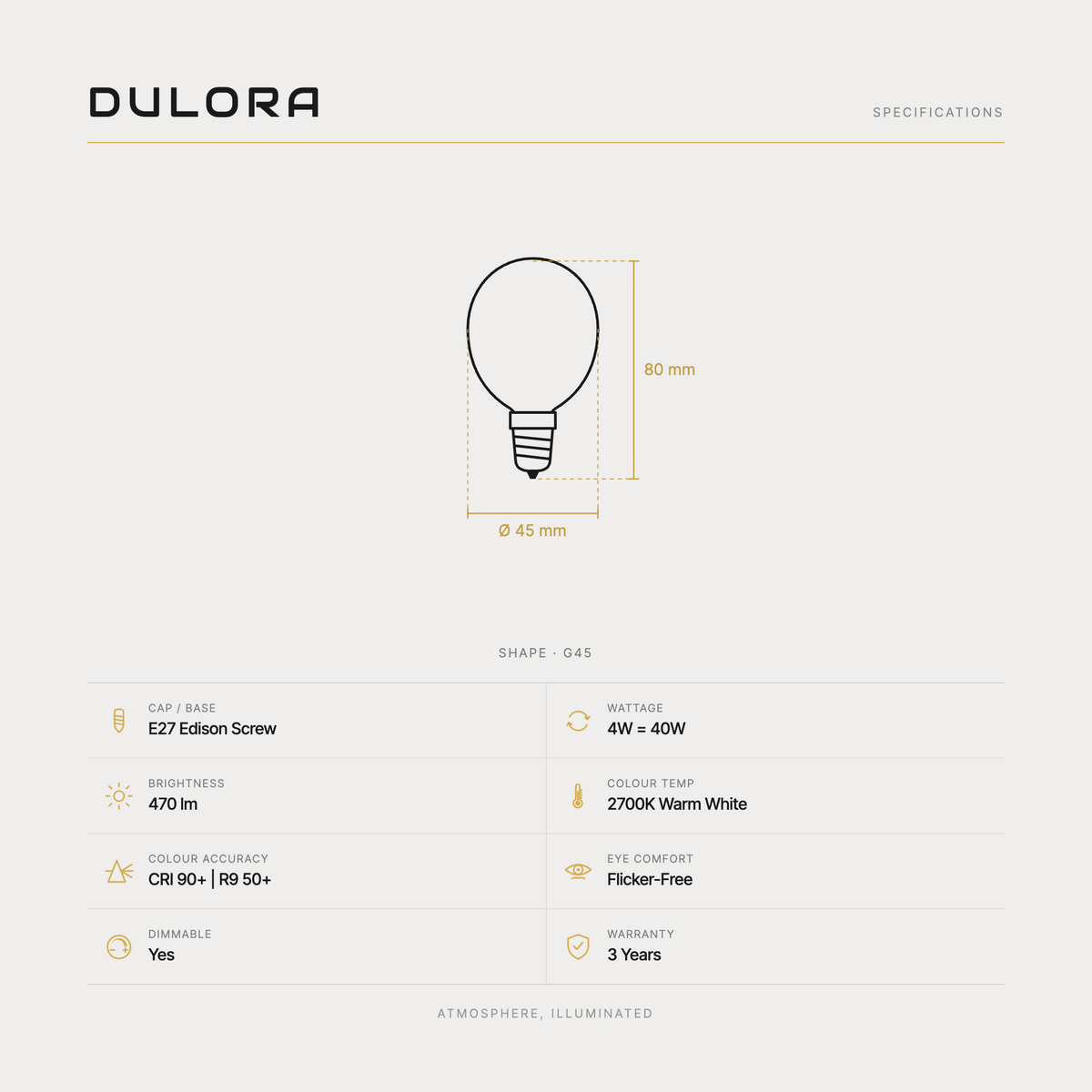 Dulora 4W G45 fancy round LED bulb E27 clear specifications: 470 lm, 2700K warm white, CRI 90+ and R9 50+, dimmable, flicker-free, 3 year warranty, 80mm by 45mm