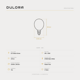 Dulora 4W G45 fancy round LED bulb E27 clear specifications: 470 lm, 2700K warm white, CRI 90+ and R9 50+, dimmable, flicker-free, 3 year warranty, 80mm by 45mm