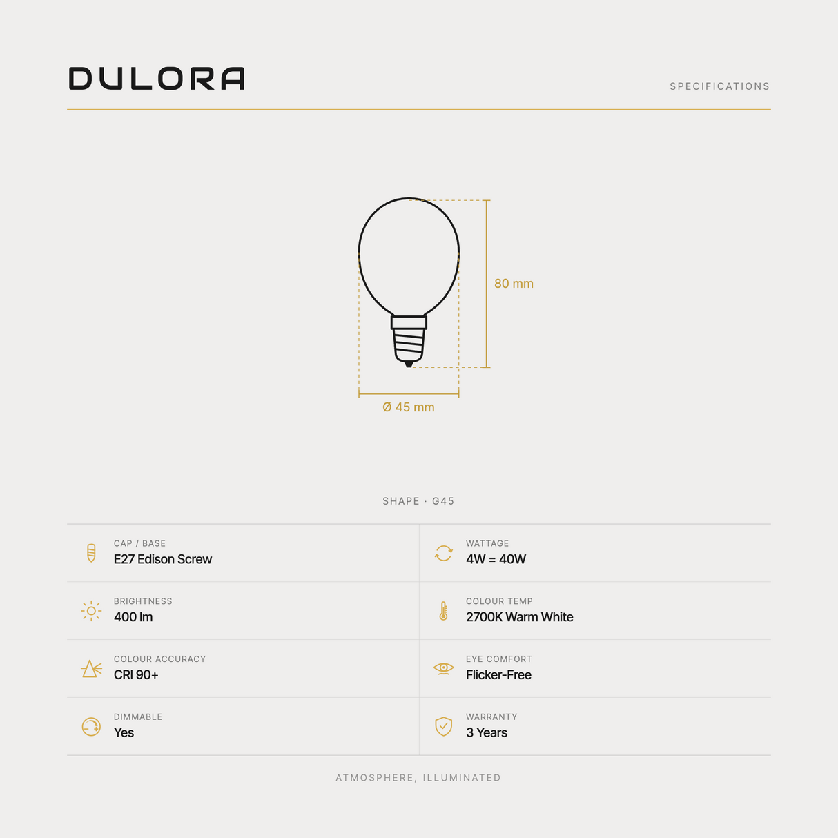 Dulora 4W G45 fancy round gold crown LED bulb E27 specifications: 400 lm, 2700K warm white, CRI 90+, dimmable, flicker-free, 3 year warranty, 80mm by 45mm