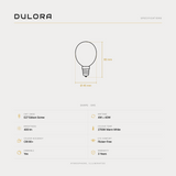 Dulora 4W G45 fancy round gold crown LED bulb E27 specifications: 400 lm, 2700K warm white, CRI 90+, dimmable, flicker-free, 3 year warranty, 80mm by 45mm