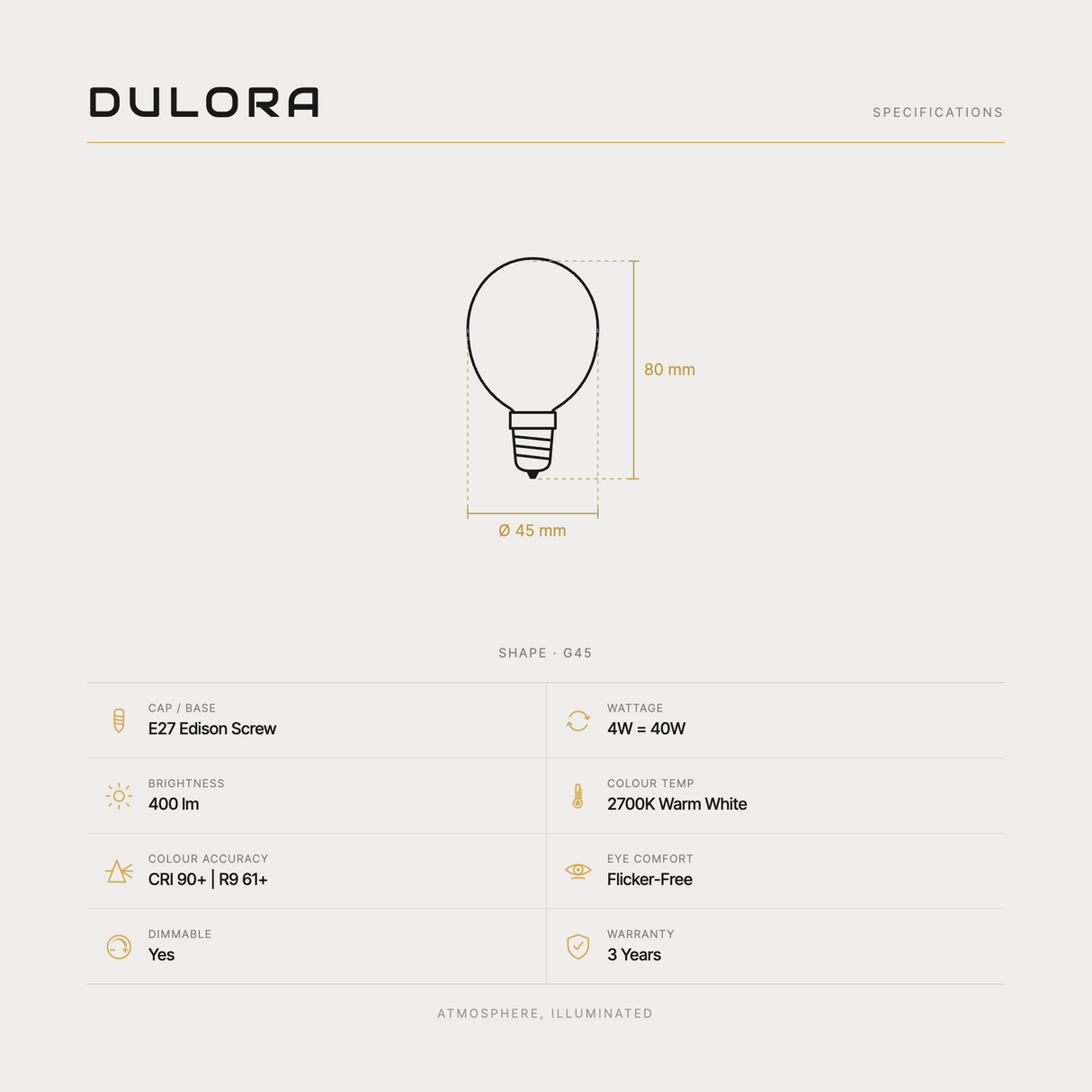 Dulora 4W G45 fancy round mirror crown LED bulb E27 specifications: 400 lm, 2700K warm white, CRI 90+ and R9 61+, dimmable, flicker-free, 3 year warranty, 80mm by 45mm