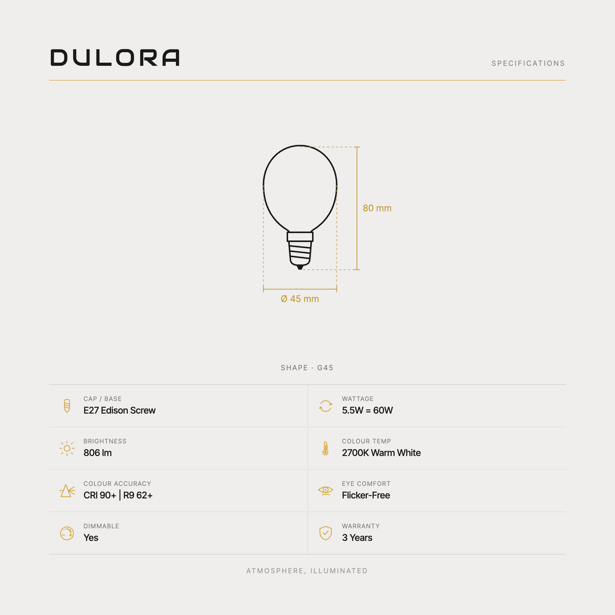 Dulora 5.5W G45 fancy round LED bulb E27 clear specifications: 806 lm, 2700K warm white, CRI 90+ and R9 62+, dimmable, flicker-free, 3 year warranty, 80mm by 45mm
