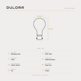 Dulora 6.5W A60 GLS LED bulb B22 frost extra warm specifications: 720 lm, 2200K extra warm, CRI 90+ and R9 48+, dimmable, flicker-free, 3 year warranty, 108mm by 60mm