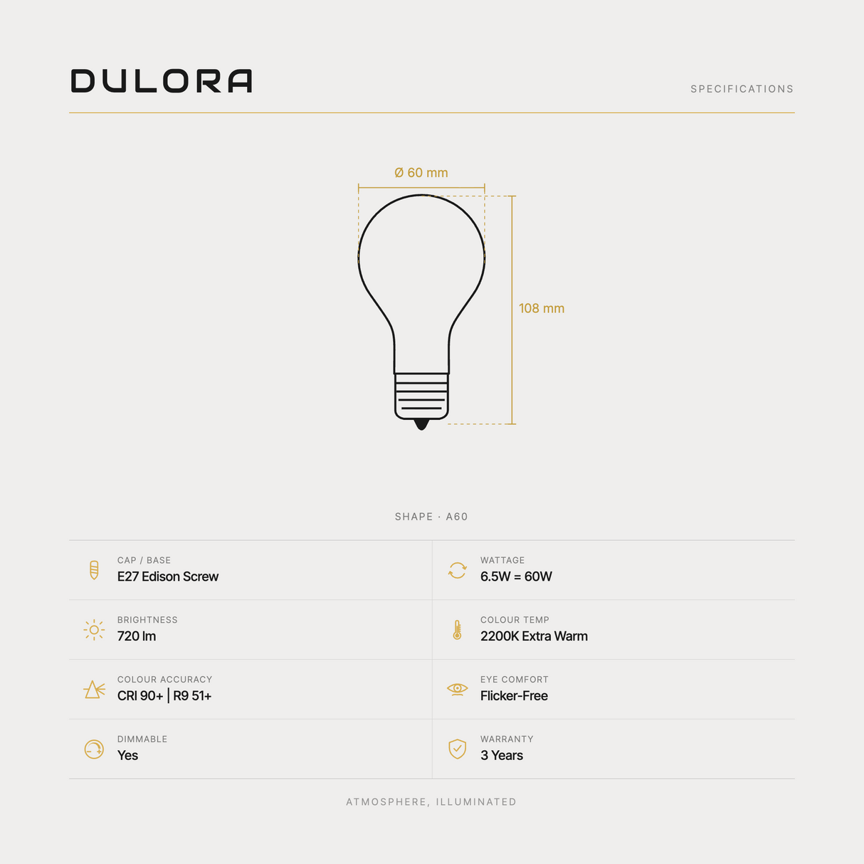Dulora 6.5W A60 GLS LED bulb E27 clear extra warm specifications: 720 lm, 2200K extra warm, CRI 90+ and R9 51+, dimmable, flicker-free, 3 year warranty, 108mm by 60mm