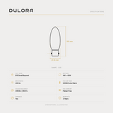 Dulora 4W C35 candle LED bulb B15 clear 2200K specifications: 400 lm, 2200K extra warm, CRI 90+ | R9 51+, dimmable, flicker-free, 3 year warranty, 100mm by 35mm