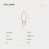 Dulora 4W C35 candle LED bulb B15 clear specifications: 470 lm, 2700K warm white, CRI 90+ | R9 51+, dimmable, flicker-free, 3 year warranty, 100mm by 35mm