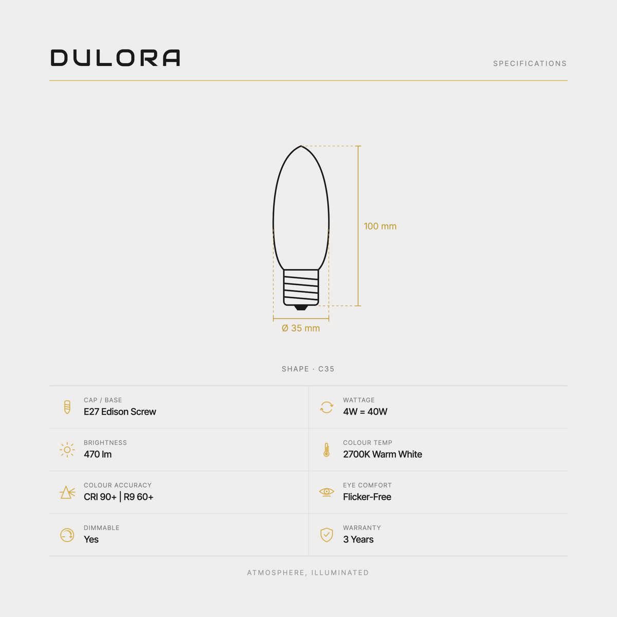 Dulora 4W C35 candle LED bulb E27 clear specifications: 470 lm, 2700K warm white, CRI 90+ | R9 60+, dimmable, flicker-free, 3 year warranty, 100mm by 35mm