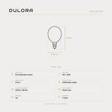 Dulora 4W G45 fancy round LED bulb E14 frost specifications: 470 lm, 2700K warm white, CRI 90+ | R9 48+, dimmable, flicker-free, 3 year warranty, 80mm by 45mm